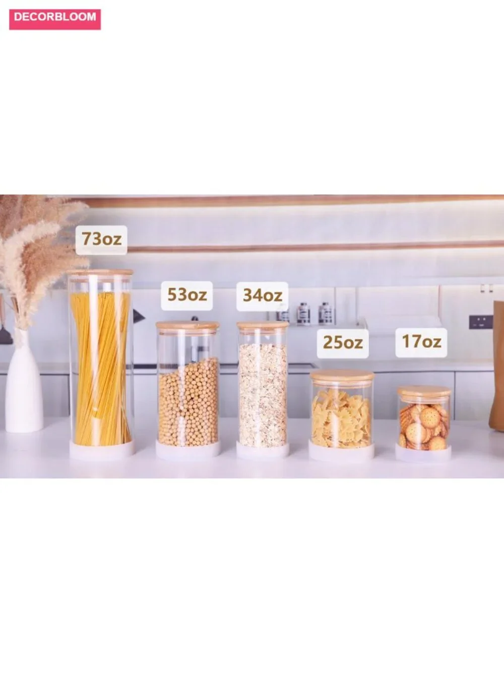 Large Airtight Pasta Storage Canisters with Bamboo Lids - 3 Pack